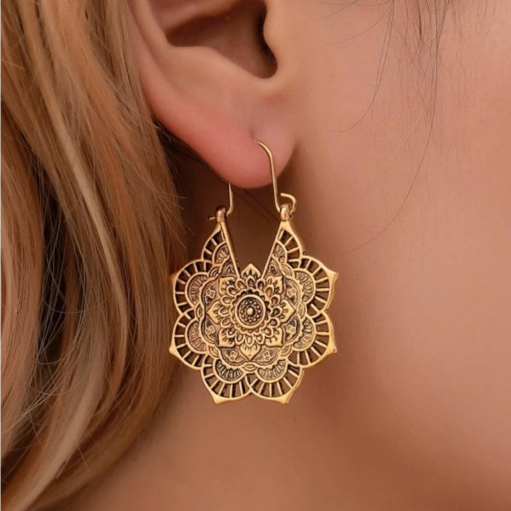 Gold Floral Mandala Drop Earrings - Women Jewelry Earrings